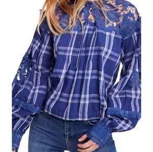 Free People Blue Plaid Lace Top